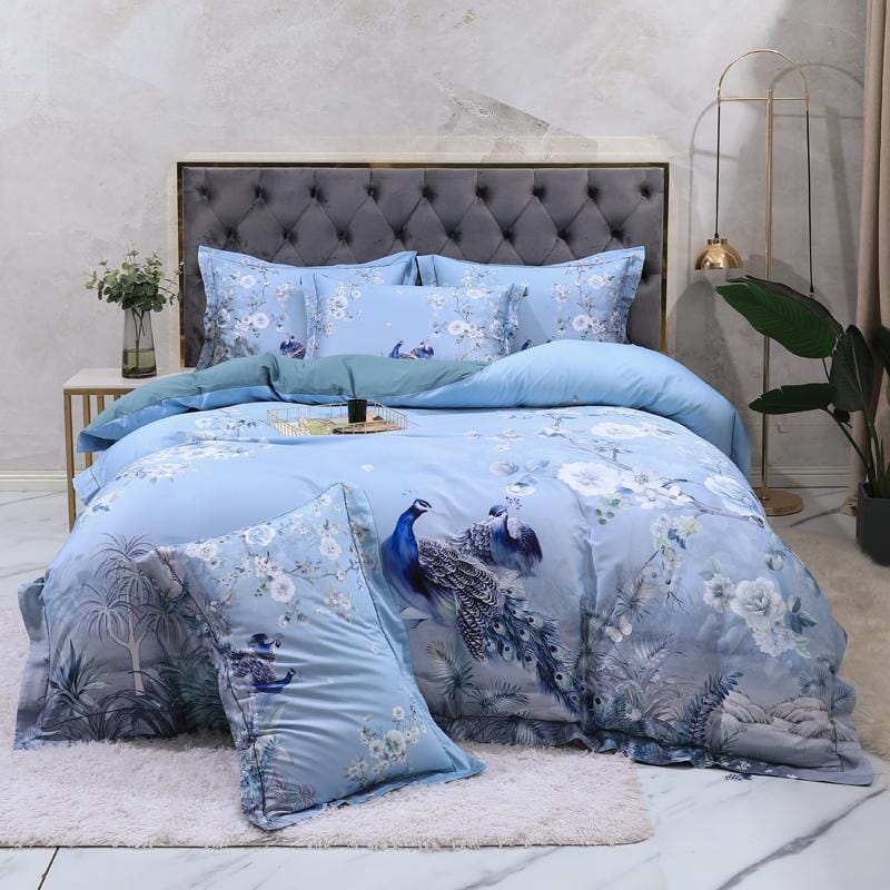 Egyptian Cotton Bedding Set | 78.7 - 90.6 in | Blue Floral Peacock Pattern | Soft Breathable 4-Piece Duvet Cover Set | Brick by Brick