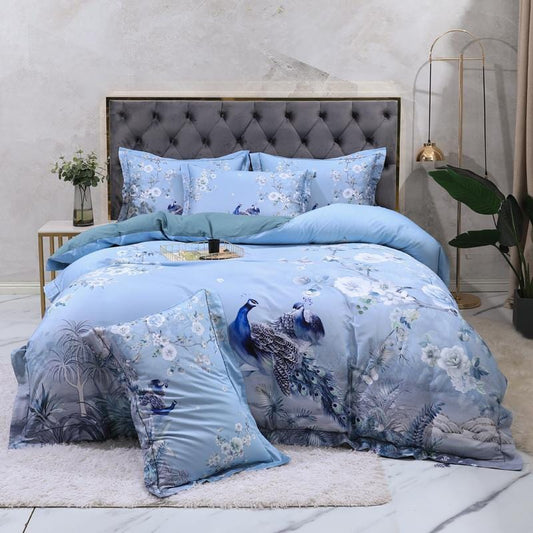 Egyptian Cotton Bedding Set | 78.7 - 90.6 in | Blue Floral Peacock Pattern | Soft Breathable 4-Piece Duvet Cover Set | Brick by Brick
