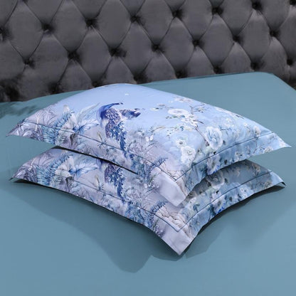Egyptian Cotton Bedding Set | 78.7 - 90.6 in | Blue Floral Peacock Pattern | Soft Breathable 4-Piece Duvet Cover Set | Brick by Brick