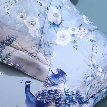 Egyptian Cotton Bedding Set | 78.7 - 90.6 in | Blue Floral Peacock Pattern | Soft Breathable 4-Piece Duvet Cover Set | Brick by Brick