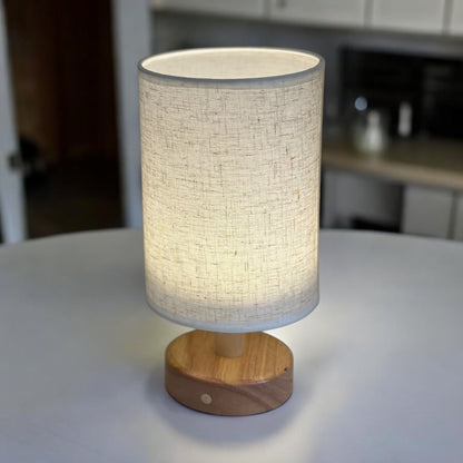 Cordless Table Lamp | USB Rechargeable | Linen Shade with Wooden Base | 10.6" Portable Ambient Light