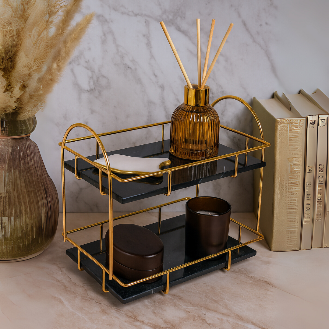 Rectangular Marble Double Tray | 12.6 × 8.3 × 11 in | Two-Tier Organizer | Gold Handles | Brick by Brick