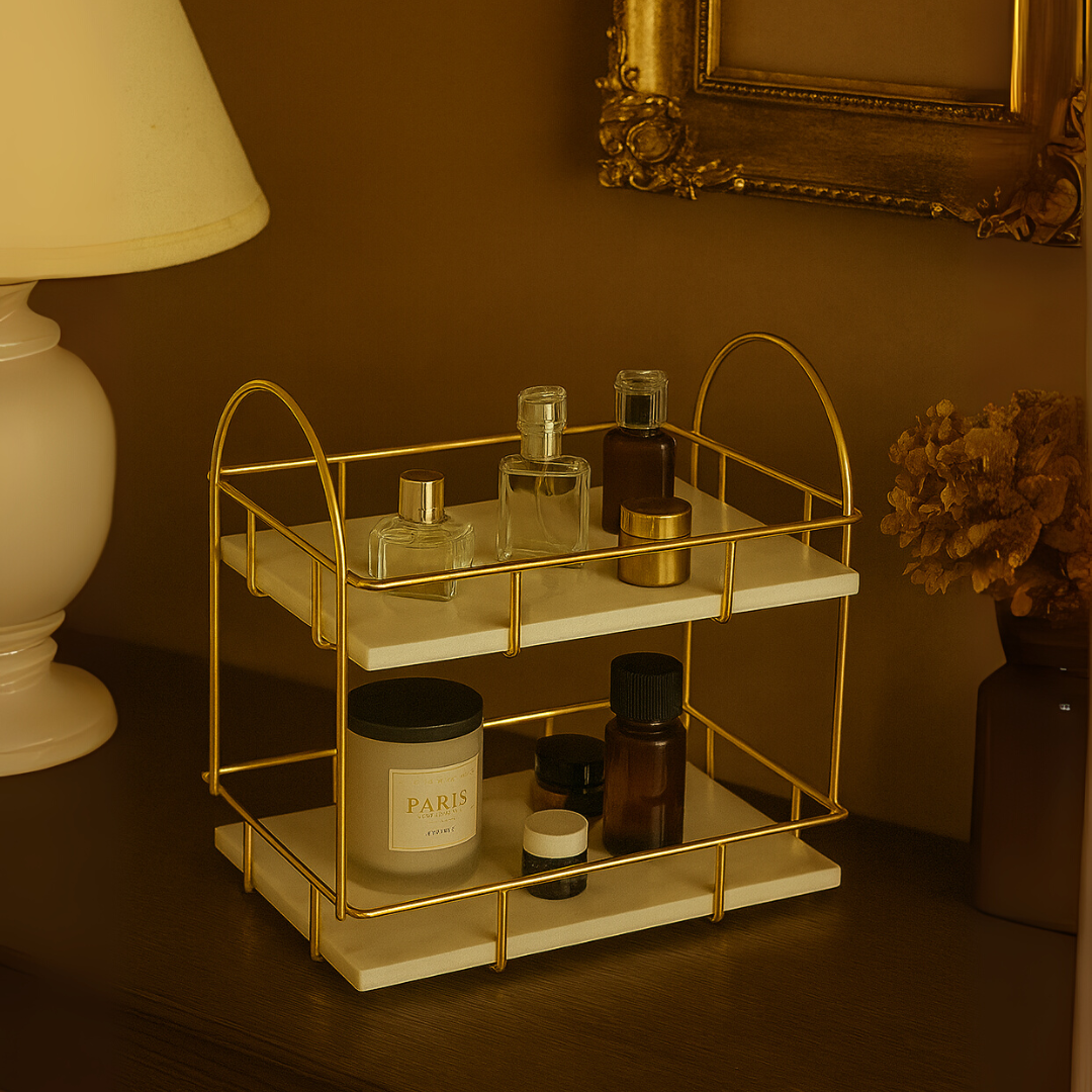 Rectangular Marble Double Tray | 12.6 × 8.3 × 11 in | Two-Tier Organizer | Gold Handles | Brick by Brick