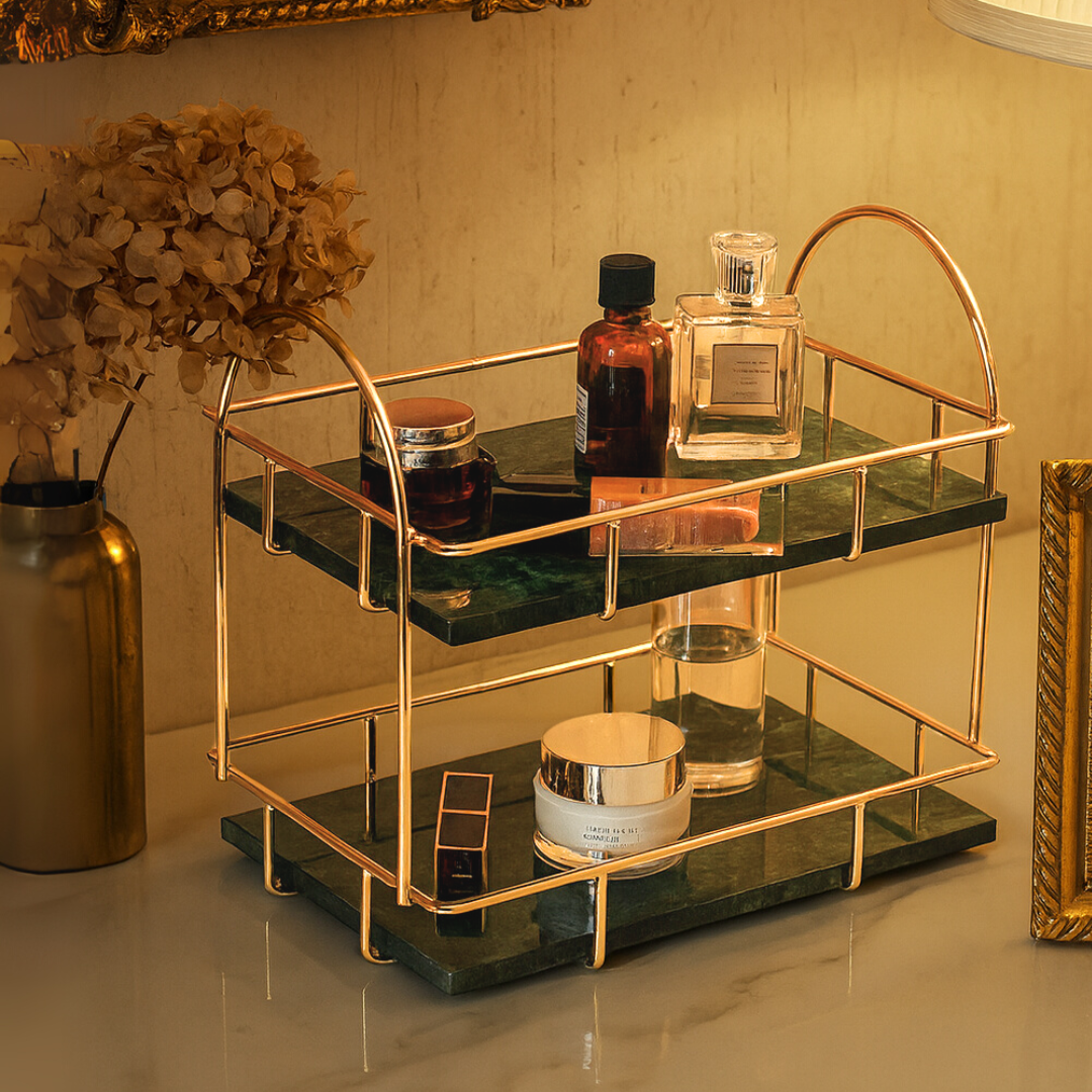 Rectangular Marble Double Tray | 12.6 × 8.3 × 11 in | Two-Tier Organizer | Gold Handles | Brick by Brick