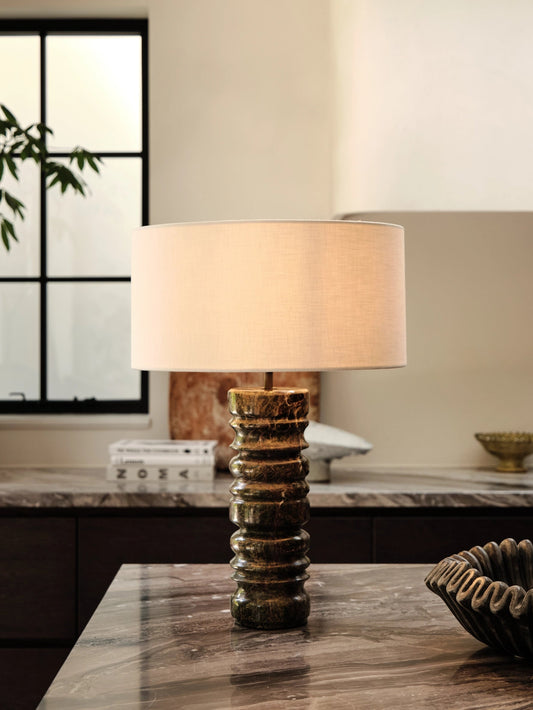 Renee Large Green Marble Table Lamp | Elegant Bedside Lamp | 24 Handmade White Linen Shade | Brick by Brick London 1