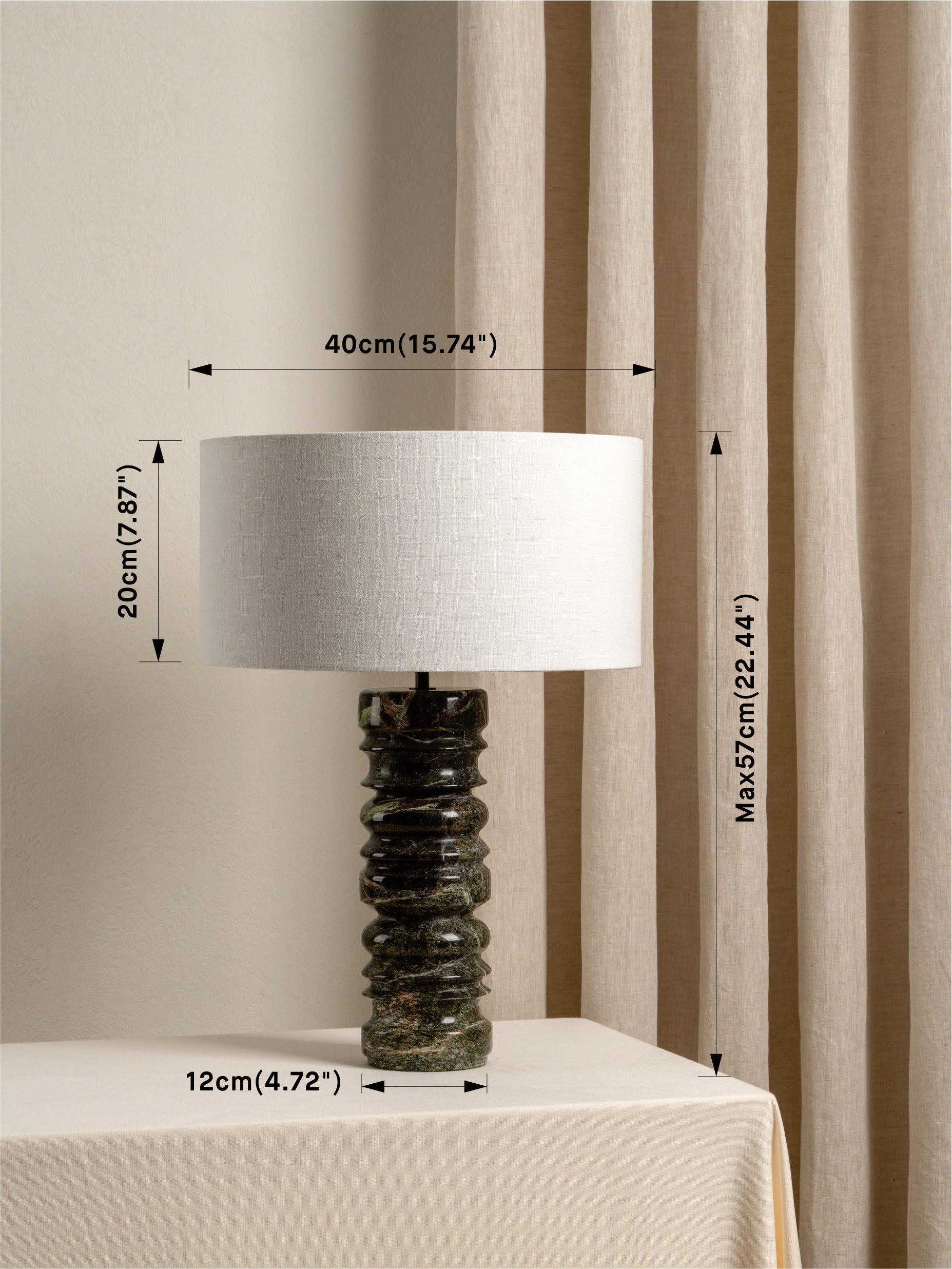 Renee Large Green Marble Table Lamp | Elegant Bedside Lamp | 24 Handmade White Linen Shade | Brick by Brick London 4