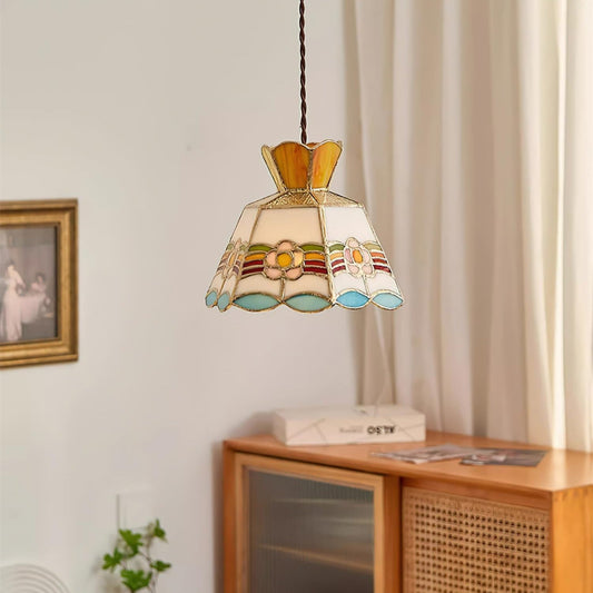 Garden Pendant Lights Glass | 9.1 x 6.9 in | Stained Glass Floral Motif Vintage Ceiling Lamp | Adjustable Cord | Brick by Brick