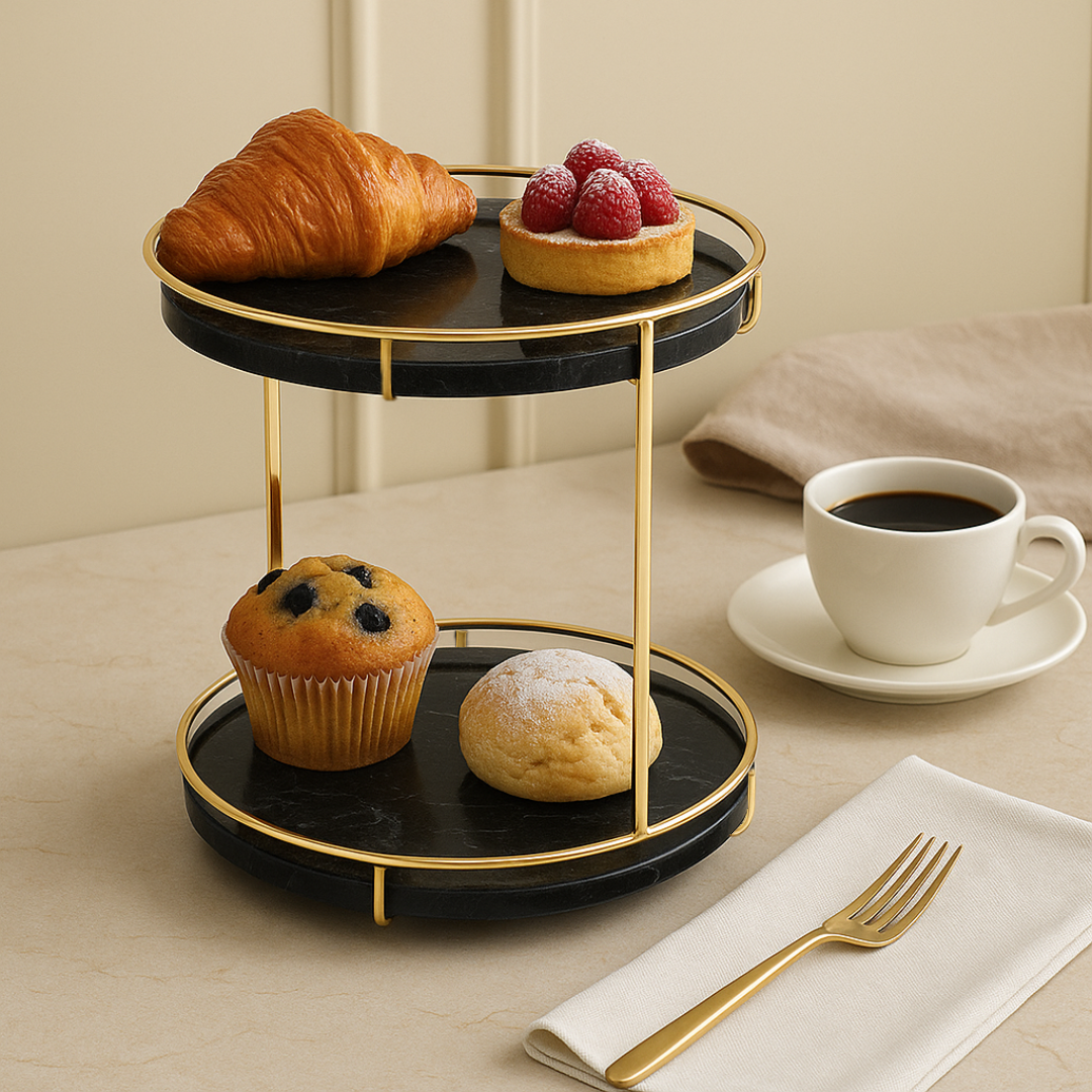 Round Marble Double Tray | Medium to Large | Two-Tier Display | Gold Frame | Brick by Brick