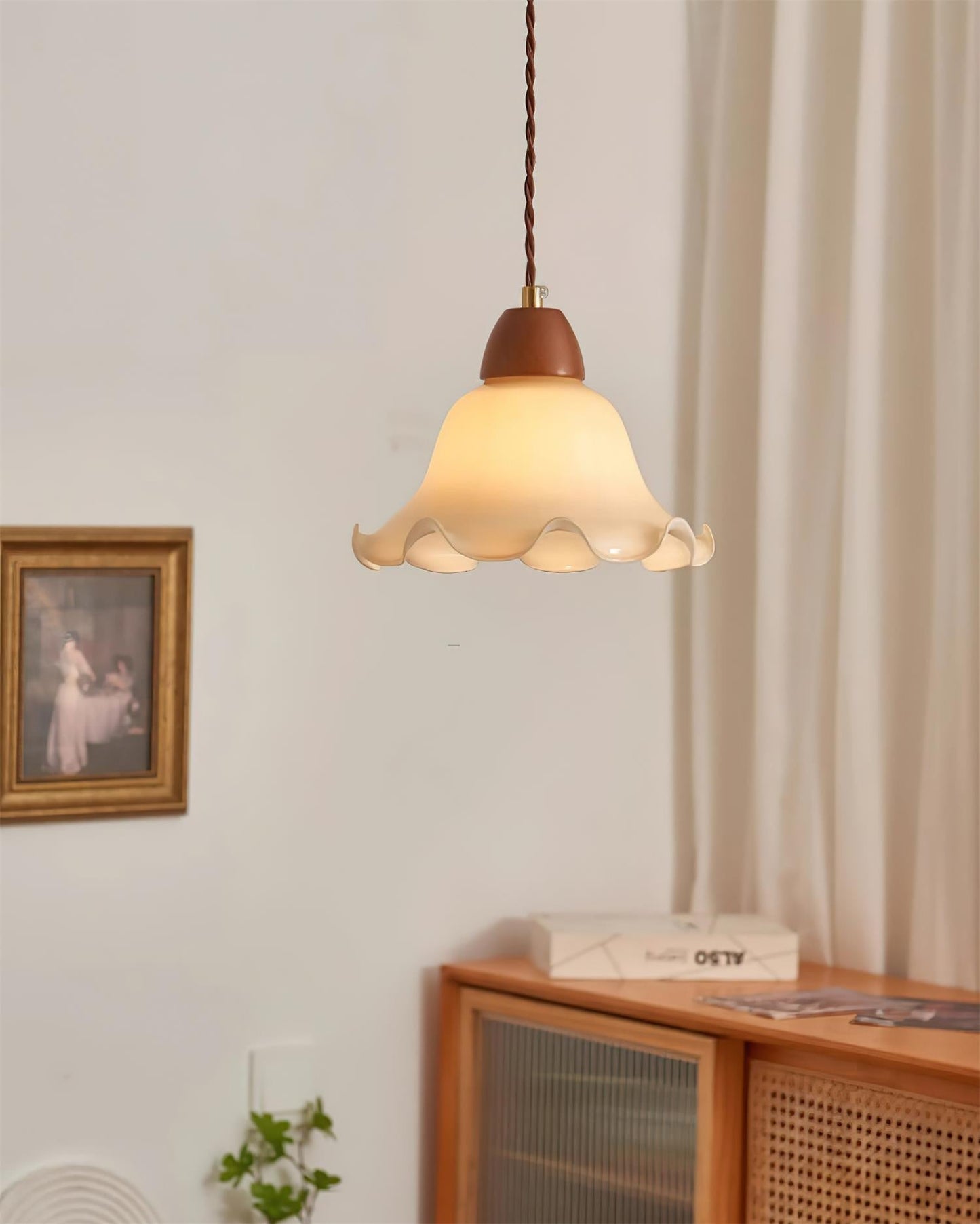 Retro Glass Pendant Light | 8.6 x 7.1 in | Wavy Glass Shade | Walnut Finish | E26/E27 Bulb | Adjustable Cord | Brick by Brick