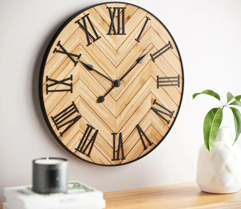 Rustic 24-Inch Roman Numeral Wall Clock | Oversized Metal & Wood Design | Silent Quartz Mechanism | Perfect for Kitchen, Living Room & Home Decor | Brick by Brick London 1