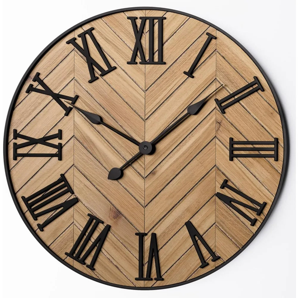 Rustic 24-Inch Roman Numeral Wall Clock | Oversized Metal & Wood Design | Silent Quartz Mechanism | Perfect for Kitchen, Living Room & Home Decor | Brick by Brick London 2