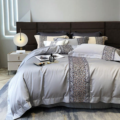 Egyptian Cotton Bedding Set | 86.6 or 90.6 in | Embroidered Design | Soft Durable Luxury Duvet Cover Set | Brick by Brick