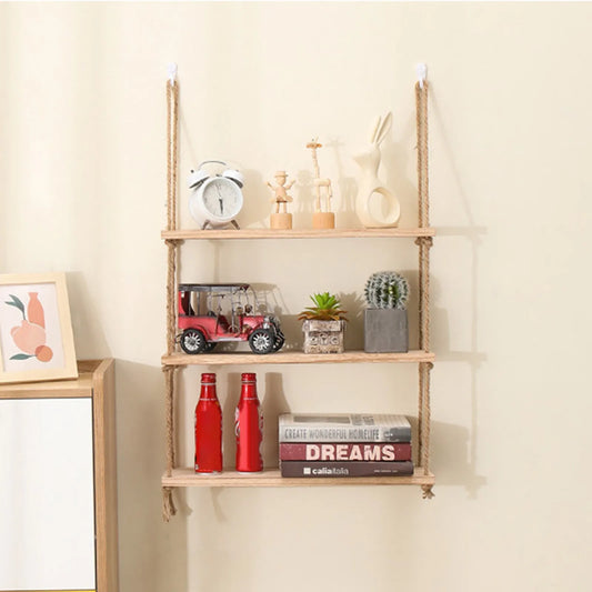 Wooden Floating Wall Shelf |11.8 × 5.9 inches | Hanging Rope Plant Display | 1/2/3-Tier Storage for Home