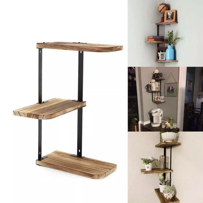 3-Tier Lucca Corner Floating Shelf | 10.2 × 17.2 in | Rustic Wood | Metal Wall Storage | Brick by Brick