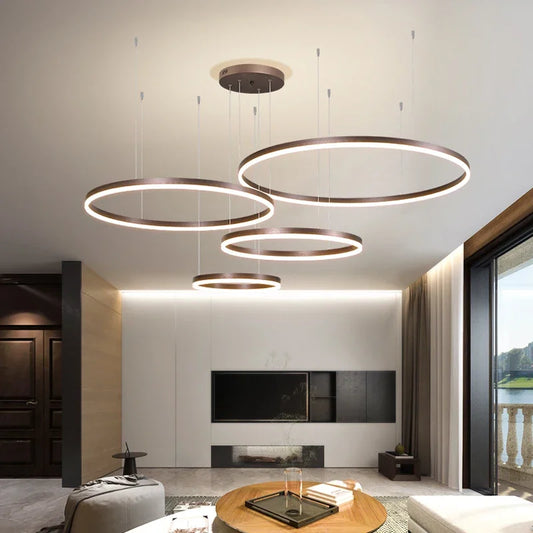 Modern LED Ring Chandelier | Brushed Circle Pendant Light | Adjustable Ceiling Suspension Lamp | Black Gold White | Brick by Brick