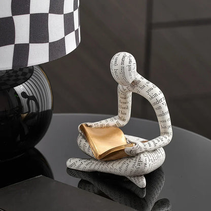 Satori Ornament Sculpture | 6.1″ Abstract Reading Figure Resin | Woven Text & Golden Book | Black or White