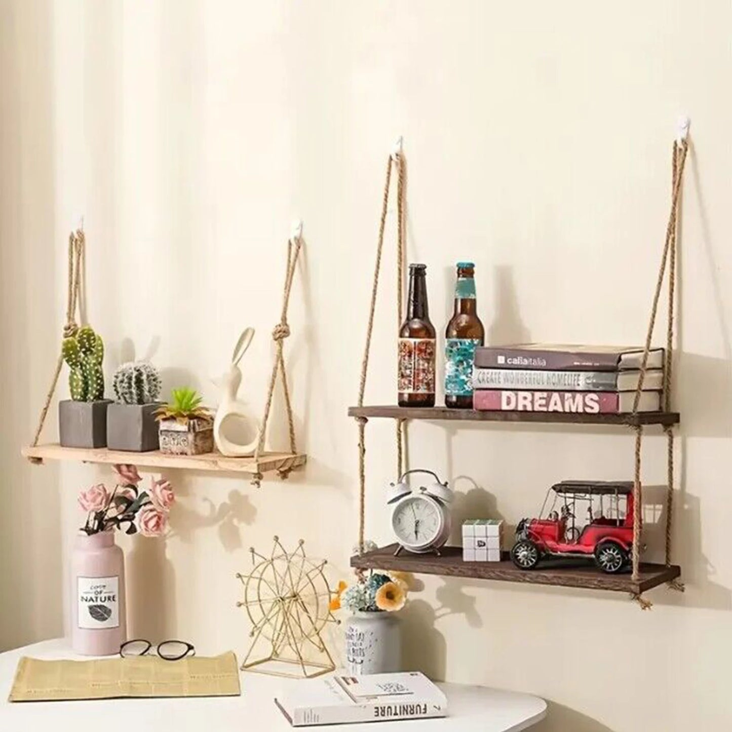 Wooden Floating Wall Shelf |11.8 × 5.9 inches | Hanging Rope Plant Display | 1/2/3-Tier Storage for Home