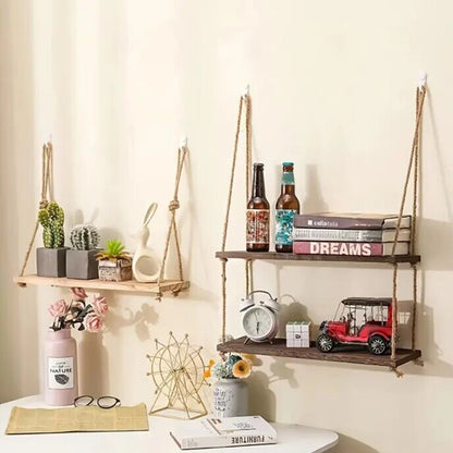 Wooden Floating Wall Shelf |11.8 × 5.9 inches | Hanging Rope Plant Display | 1/2/3-Tier Storage for Home