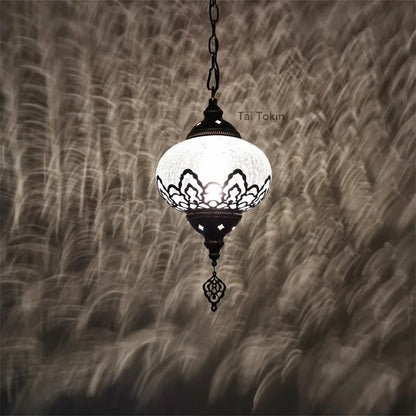Vintage Ice Crack Glass Pendant Lamp | 7in | Hollow Carved Ceiling Light | Bronze Iron Fixture | Brick by Brick