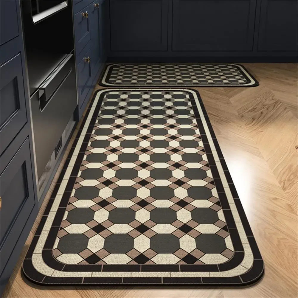 Retro Tile Kitchen Mat | Non-Slip Crystal Velvet Rug | Absorbent Washable Entryway Carpet | Brick by Brick