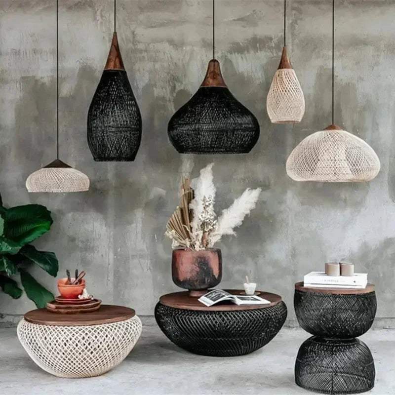 Japanese Rattan Pendant Light | D9.8-D23.6 x H19.7-H11.8 in | Handmade Wicker | Brick by Brick