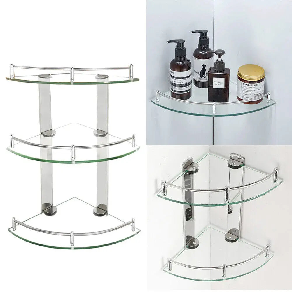 Clear Glass Corner Shower Shelf | 9.8 × 9.8 in | 2 or 3 Tier | Wall Mounted Bathroom Storage | Brick by Brick