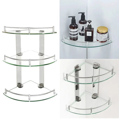 Clear Glass Corner Shower Shelf | 9.8 × 9.8 in | 2 or 3 Tier | Wall Mounted Bathroom Storage | Brick by Brick
