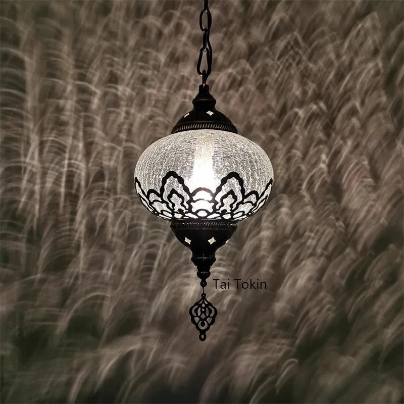 Vintage Ice Crack Glass Pendant Lamp | 7in | Hollow Carved Ceiling Light | Bronze Iron Fixture | Brick by Brick