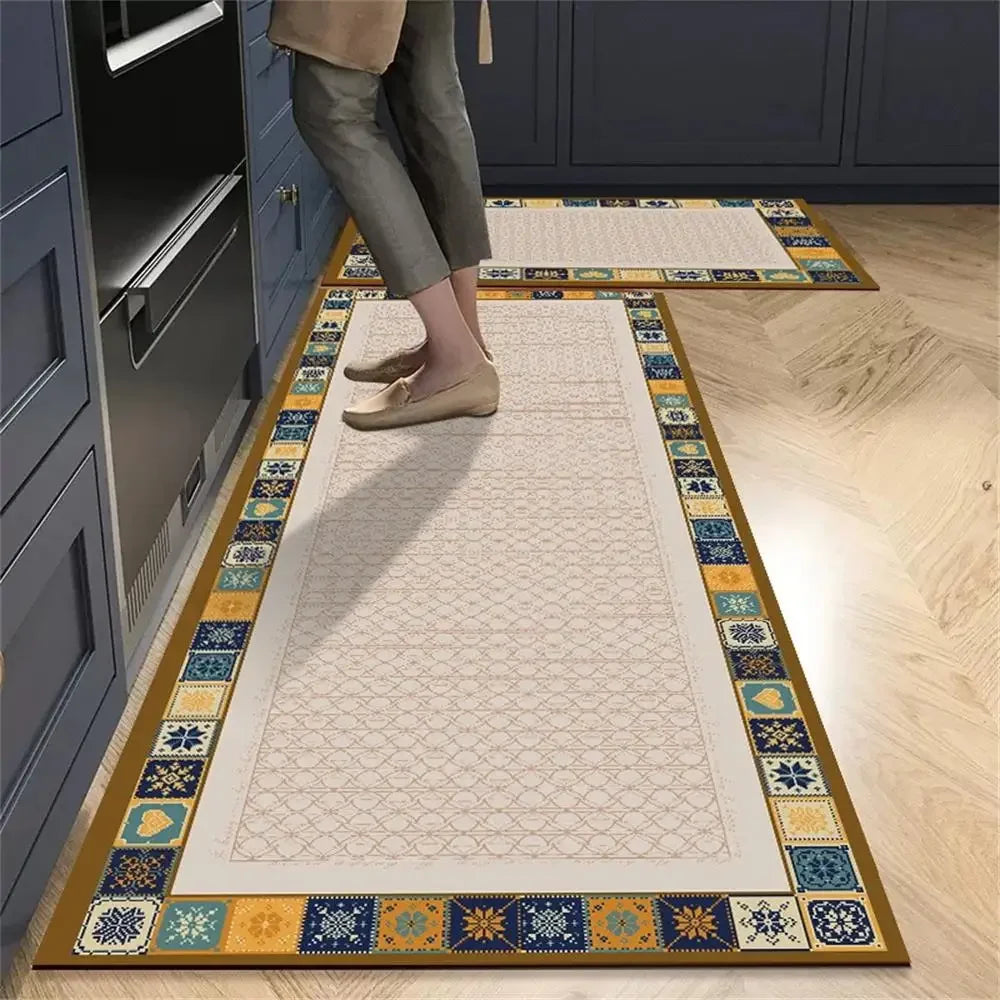 Retro Tile Kitchen Mat | Non-Slip Crystal Velvet Rug | Absorbent Washable Entryway Carpet | Brick by Brick