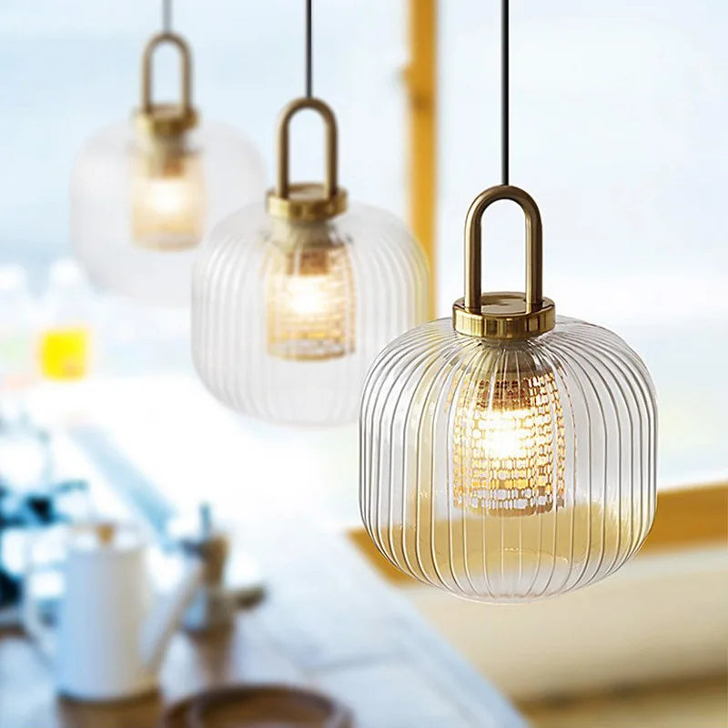 Modern Striped Glass Pendant Light | H10.2 - 12.6in |  Single Head Chandelier | Corrugated Chandelier | Brick by Brick