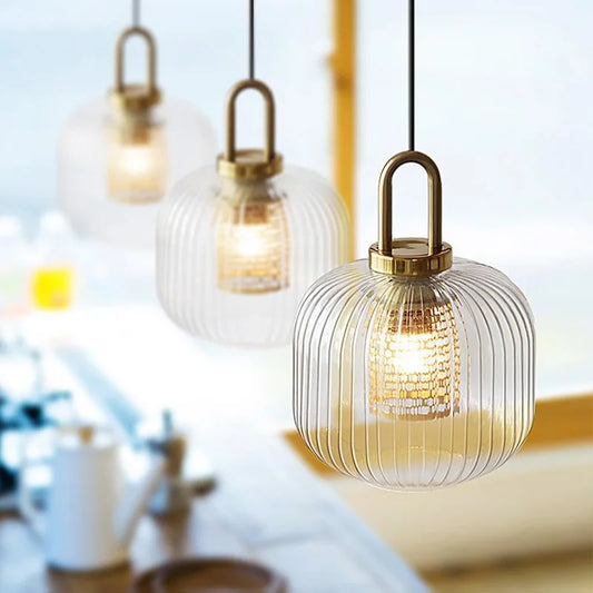 Modern Striped Glass Pendant Light | H10.2 - 12.6in |  Single Head Chandelier | Corrugated Chandelier | Brick by Brick