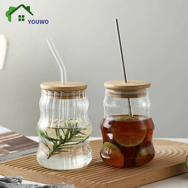 Glass Straw Cup | 5.1 H x 2.7 D in | Wave Design Drinking Glass | Heat Resistant Borosilicate | Brick by Brick