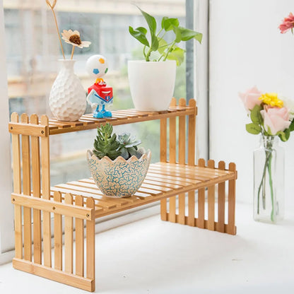 Compact Wooden Display Shelf | 18.5 × 8.3 × 11.8 in | 2-Tier Desk Organizer | Plant Stand | Brick by Brick