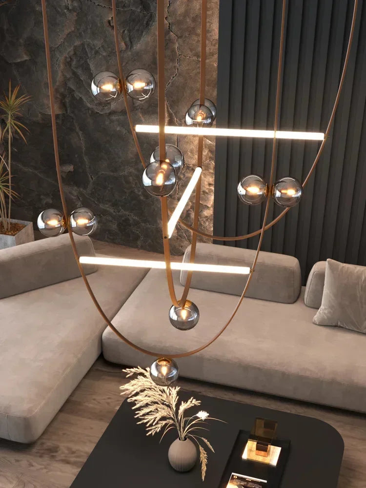 Modern Glass Ball Chandelier | Leather Strap Pendant Light | 6-Light Hanging Lamp for Dining & Living Room | Brick by Brick