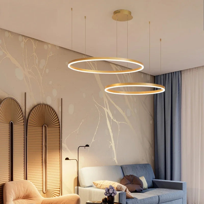 Modern LED Ring Chandelier | Brushed Circle Pendant Light | Adjustable Ceiling Suspension Lamp | Black Gold White | Brick by Brick