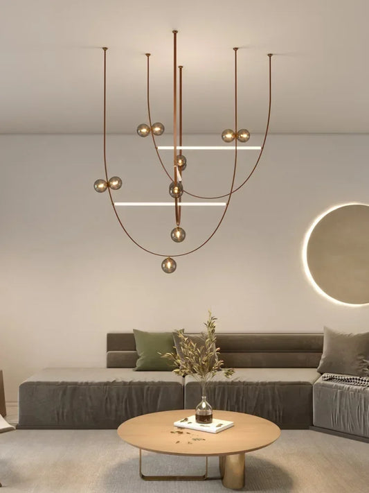 Modern Glass Ball Chandelier | Leather Strap Pendant Light | 6-Light Hanging Lamp for Dining & Living Room | Brick by Brick
