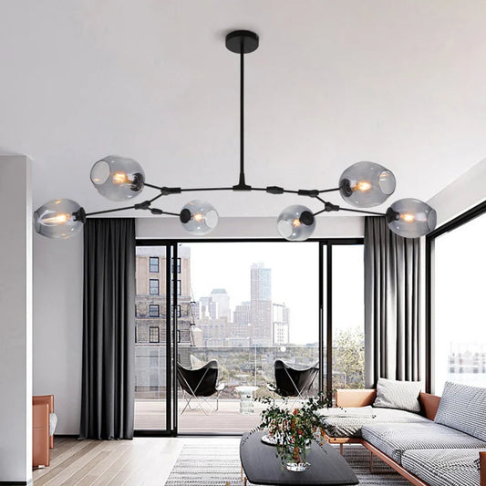 Glass Chandelier | 42.3 - 86.6 in | Modern Pendant Lamp | E27 Bulb Fixture | Adjustable Multi-Head Lighting | Brick by Brick