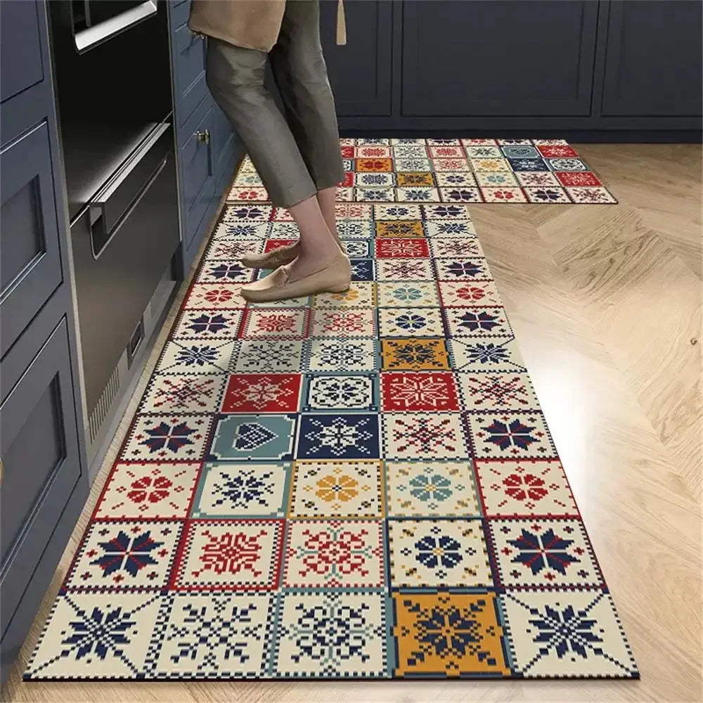 Retro Tile Kitchen Mat | Non-Slip Crystal Velvet Rug | Absorbent Washable Entryway Carpet | Brick by Brick
