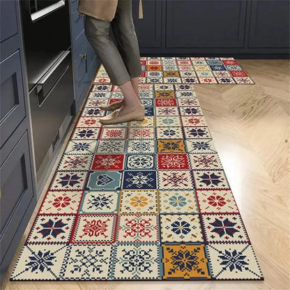 Retro Tile Kitchen Mat | Non-Slip Crystal Velvet Rug | Absorbent Washable Entryway Carpet | Brick by Brick