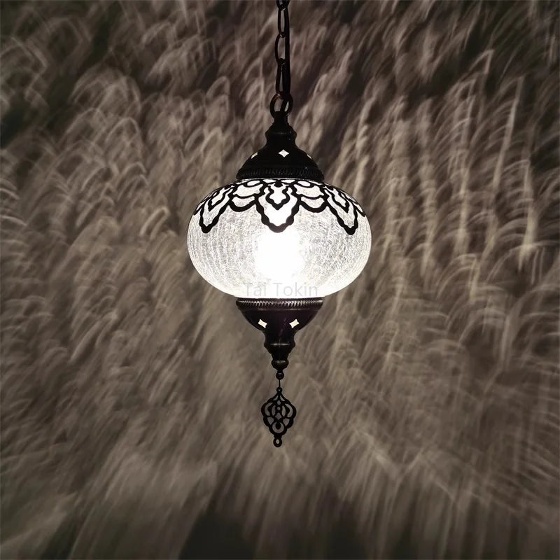 Vintage Ice Crack Glass Pendant Lamp | 7in | Hollow Carved Ceiling Light | Bronze Iron Fixture | Brick by Brick