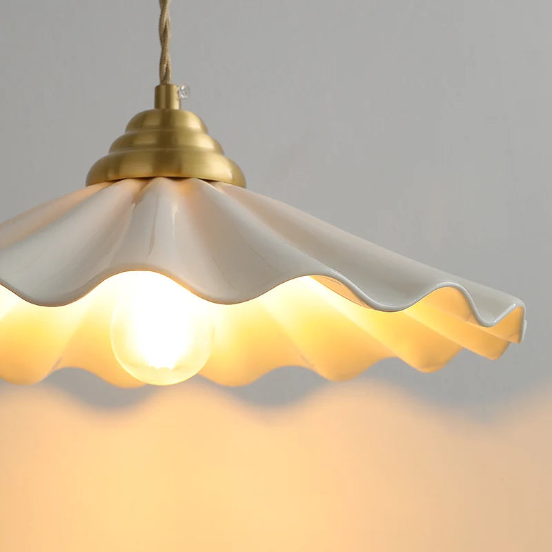 Modern Ceramic Pendant Lamp | 11.8 in | White Japanese Style Light Fixture | Copper Finish Home Lighting | Brick by Brick