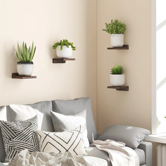 Mini Wooden Floating Shelves | 5 × 5 in | 4-Pack Wall Ledges | Rustic Home Display