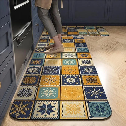 Retro Tile Kitchen Mat | Non-Slip Crystal Velvet Rug | Absorbent Washable Entryway Carpet | Brick by Brick