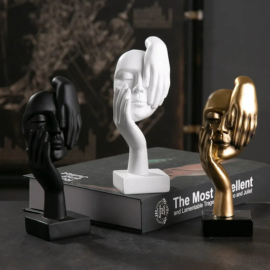 Kanso ‘Speak No Evil’ Sculpture | 6.7″ Minimalist Hand-on-Face Decor | Black, White or Gold Resin Ornament