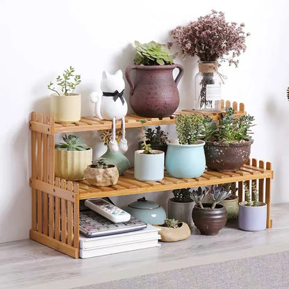 Compact Wooden Display Shelf | 18.5 × 8.3 × 11.8 in | 2-Tier Desk Organizer | Plant Stand | Brick by Brick