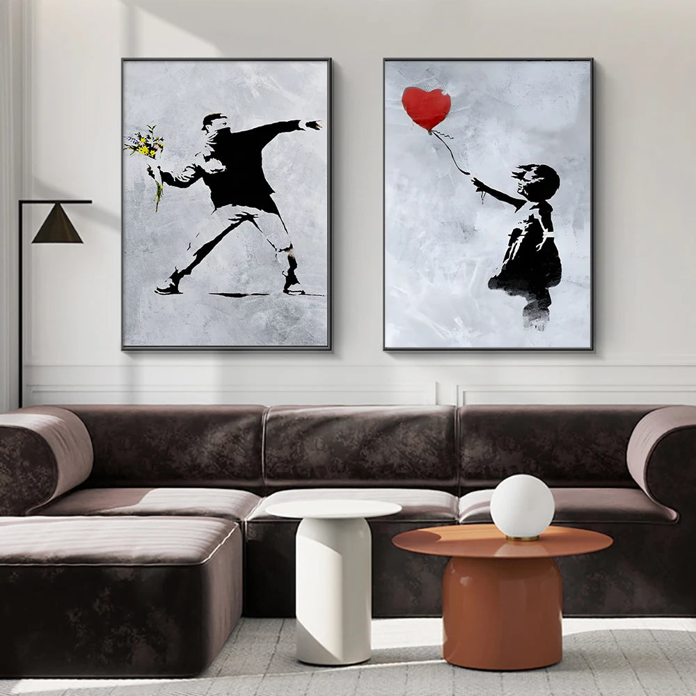 Street Graffiti Wall Art Canvas | 7.9 - 21.7 in | Banksy Girl with Balloon Poster | Modern Abstract Decor | Unframed | Brick by Brick