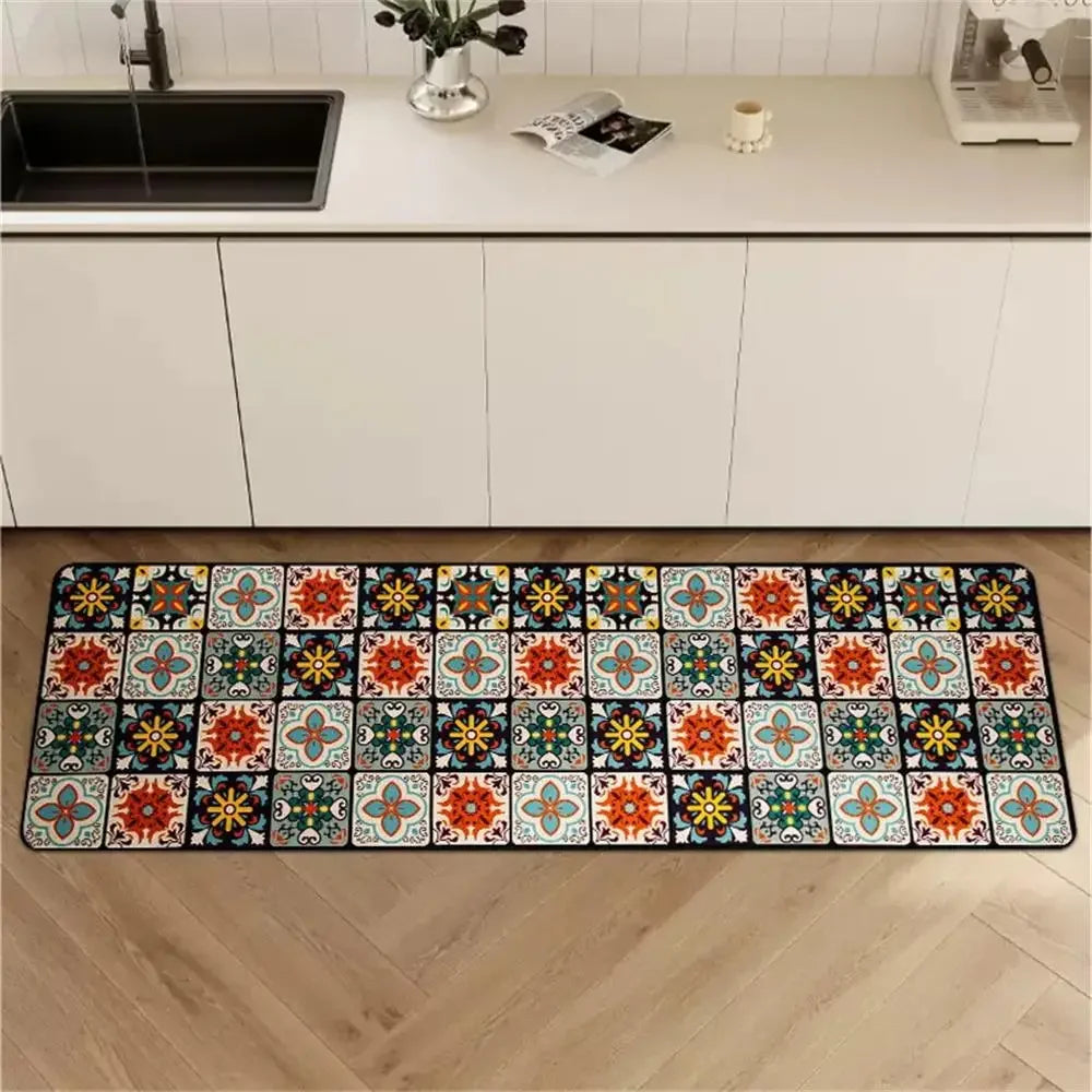 Retro Tile Kitchen Mat | Non-Slip Crystal Velvet Rug | Absorbent Washable Entryway Carpet | Brick by Brick