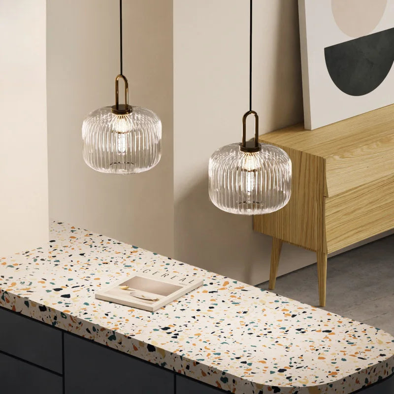 Modern Striped Glass Pendant Light | H10.2 - 12.6in |  Single Head Chandelier | Corrugated Chandelier | Brick by Brick
