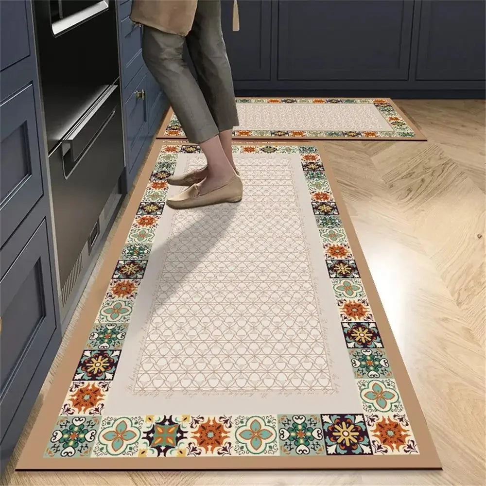 Retro Tile Kitchen Mat | Non-Slip Crystal Velvet Rug | Absorbent Washable Entryway Carpet | Brick by Brick