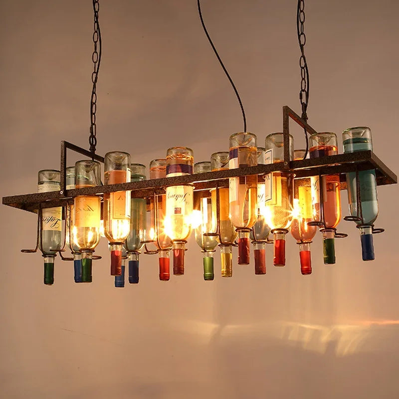 Retro Wine Bottle Pendant Lamp | H11.8 - H12.6 in | Vintage Loft Iron Chandelier | Bar Restaurant Cafe Hanging Light | Brick by Brick